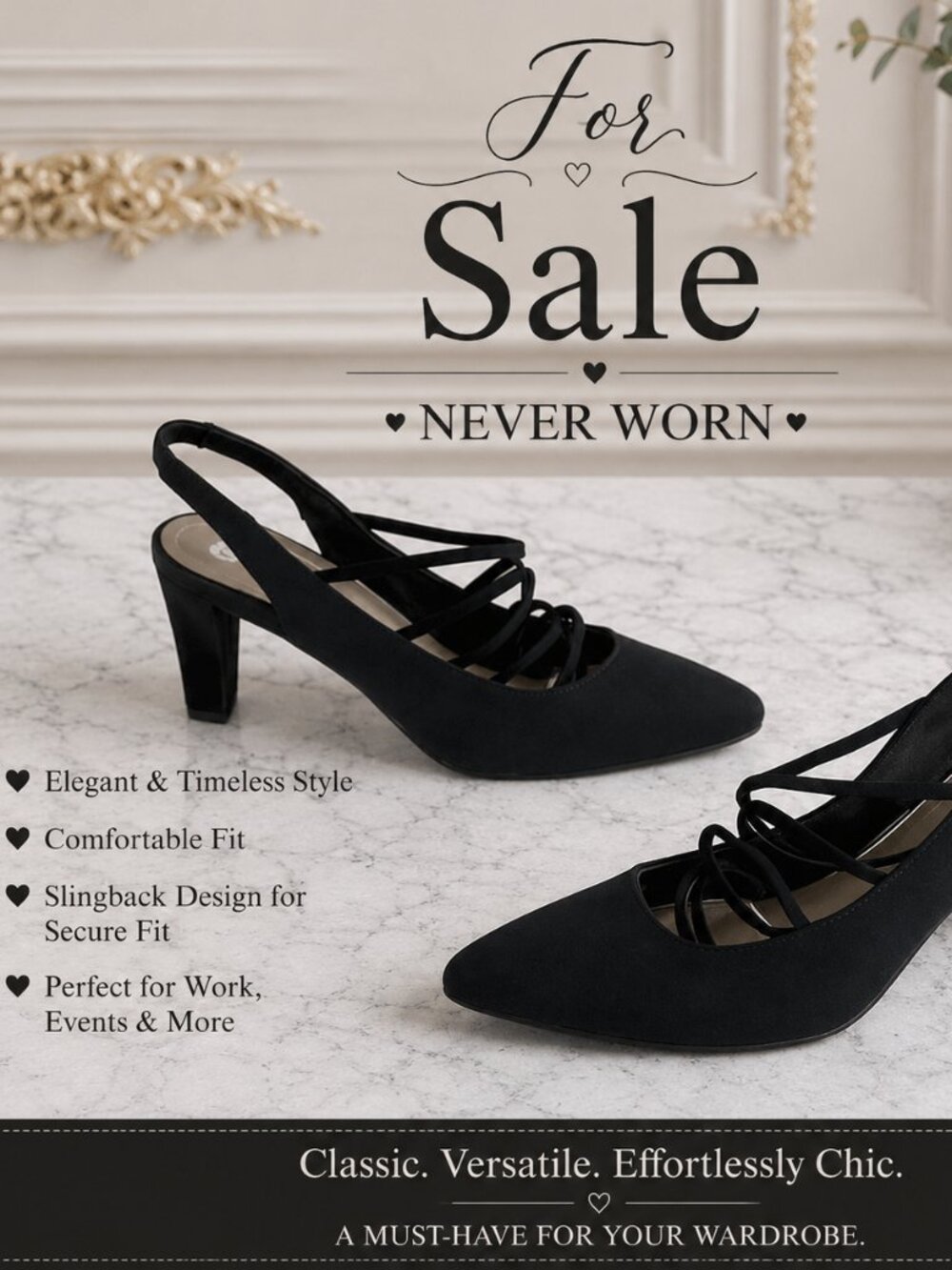 Chic Black Women’s Heels – Size 8.5 – Never Worn